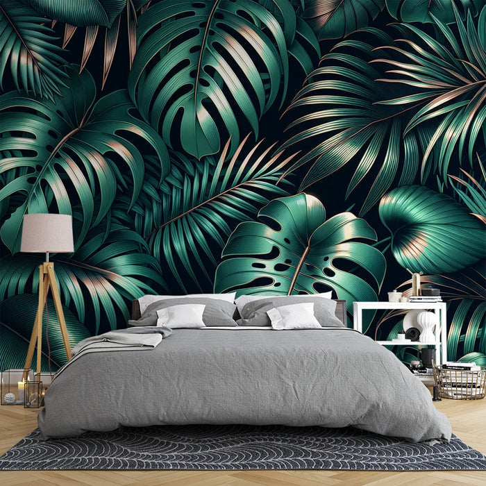 Papel pintado de follaje | Hojas de monstera y palma verde con un toque de cobre