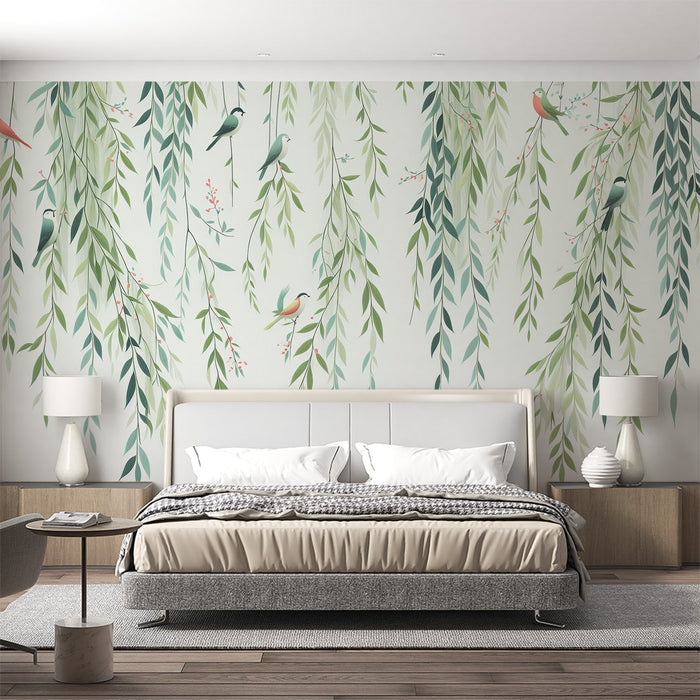 Papel de parede folhagem | Pássaros e folhas verdes e azuis caindo