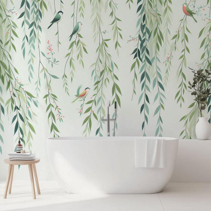 Muraaltapeet vannituba | Langevad rohelised ja sinised linnud ja lehed