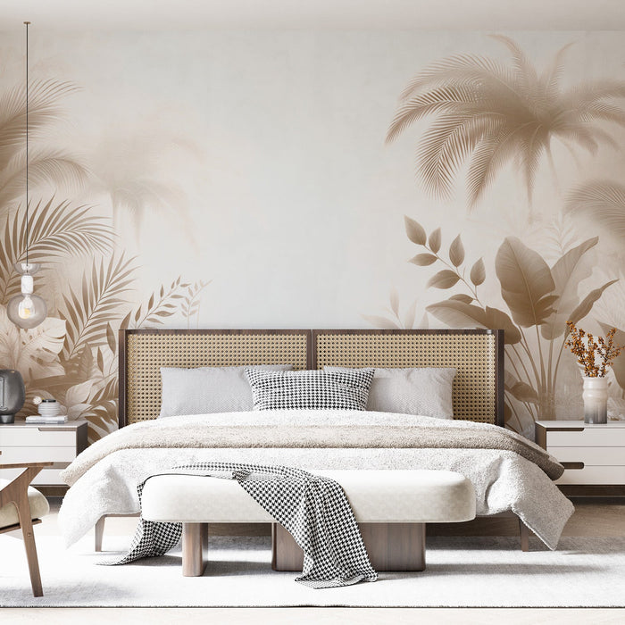 Beige Foliage Mural Wallpaper | Foliage and Tropics with Palm Trees