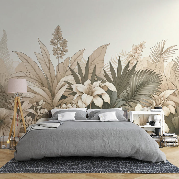 Beige Foliage Mural Wallpaper | Beige Toned Foliage and Flowers