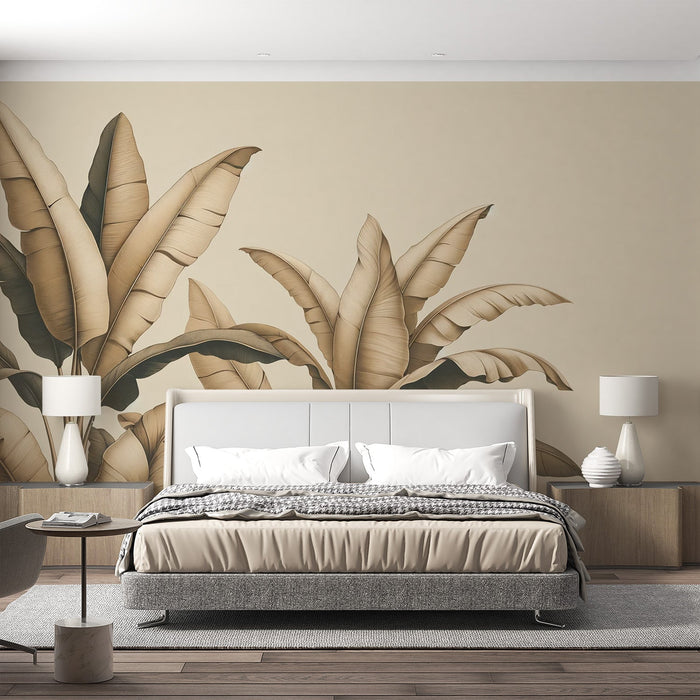 Beige Foliage Mural Wallpaper | Beige Banana Leaves with Light Background