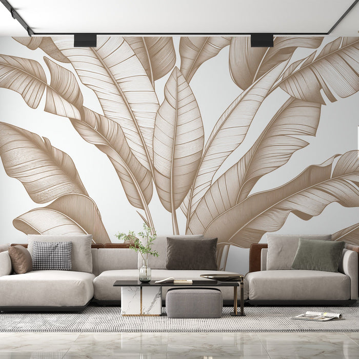 Beige Foliage Mural Wallpaper | Banana Leaf Design on White Background