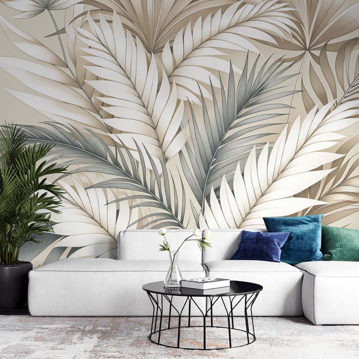 Beige Foliage Mural Wallpaper | Beige Palm Leaves in a Cluster
