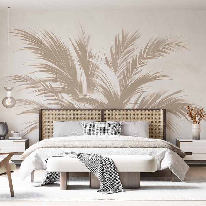 Beige Foliage Mural Wallpaper | Japanese Calligraphy Style Palm Leaves