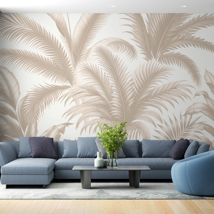 Beige Foliage Mural Wallpaper | Vintage Style Palm Leaves Light Background