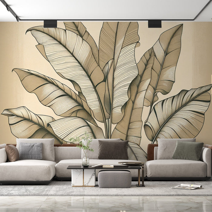 Beige Foliage Mural Wallpaper | Large Beige Banana Leaf Design