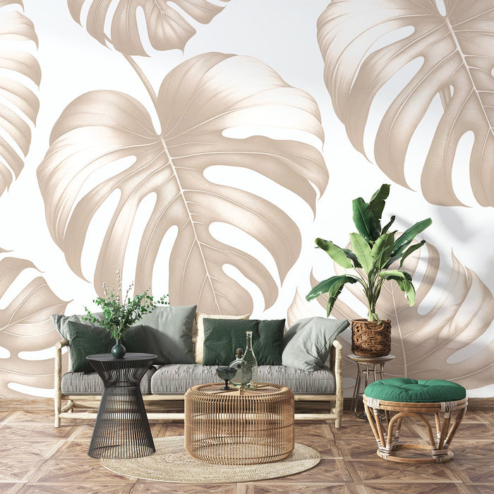 Beige Foliage Mural Wallpaper | Large Beige Monstera Leaf Design