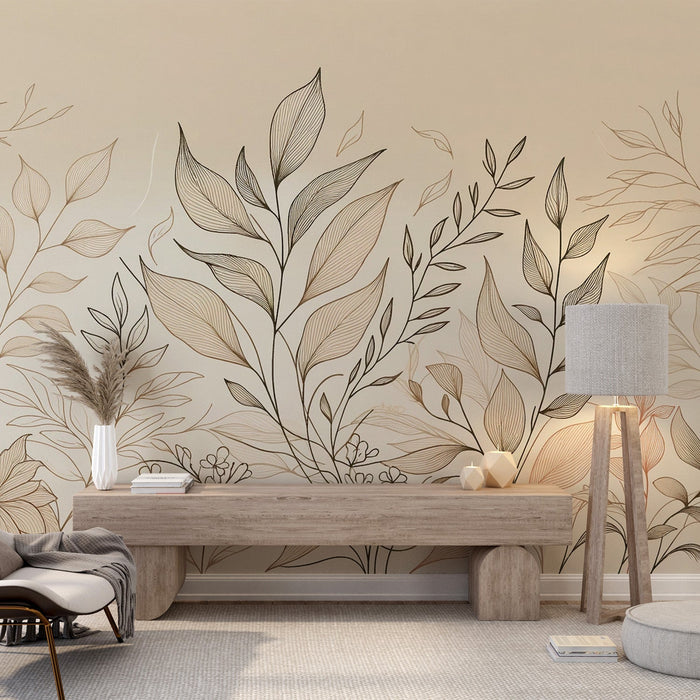 Beige Foliage Mural Wallpaper | Beige Toned Line Art Foliage Composition