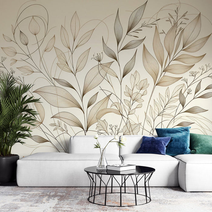 Beige Foliage Mural Wallpaper | Beige Various Foliage Line Art