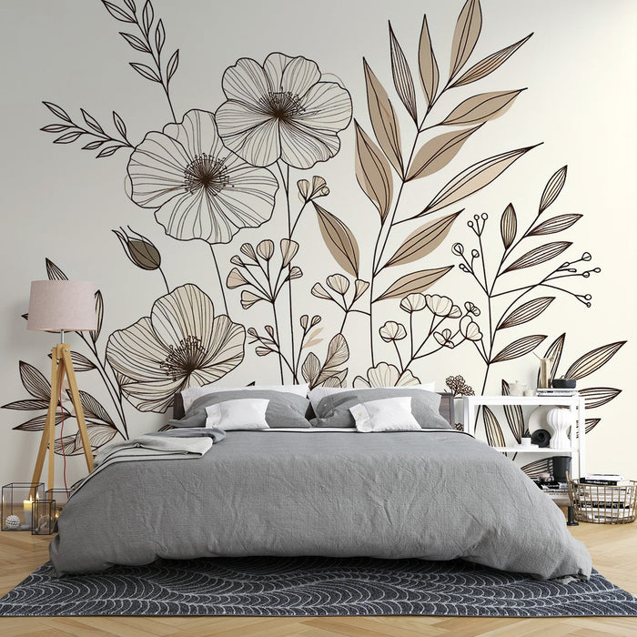 Beige Foliage Mural Wallpaper | Beige Toned Line Art Flowers and Various Foliage