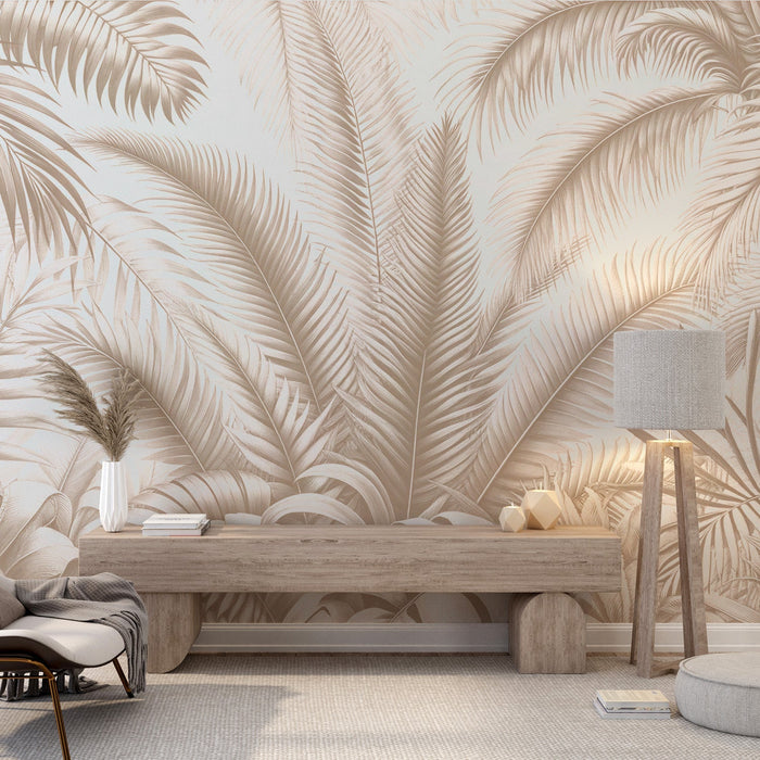 Beige Foliage Mural Wallpaper | Palm Leaf Jungle Pattern
