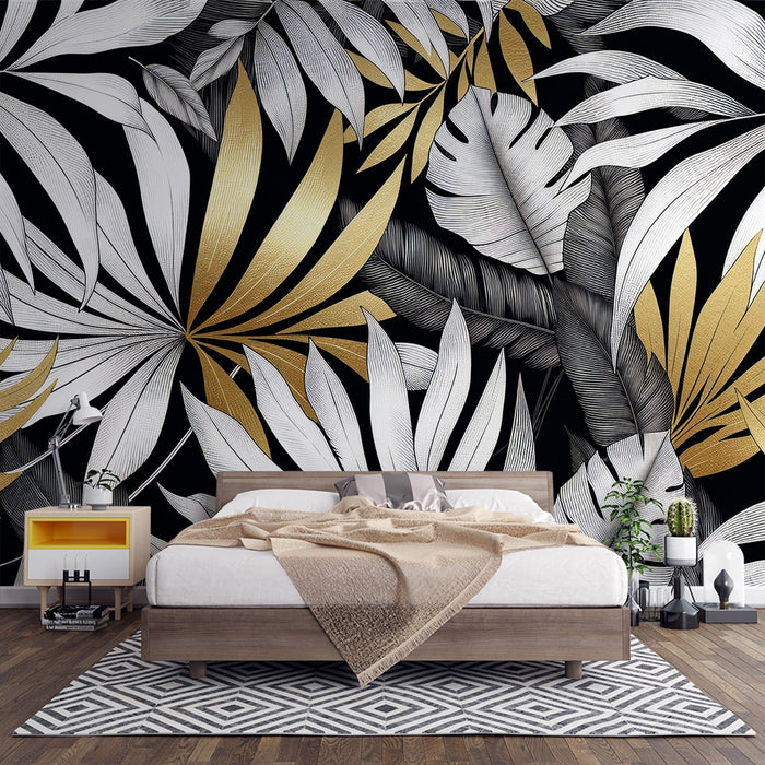 Papel de parede com folhagem branca e dourada | Folhas de palmeira com detalhes dourados