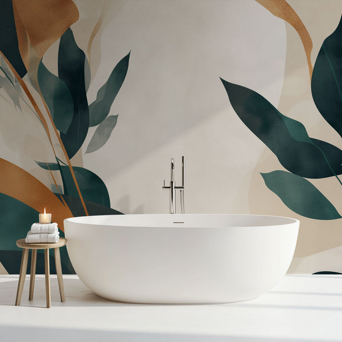 Falfestmény tapéta fürdőszoba | Sikkes narancs és zöld lomb