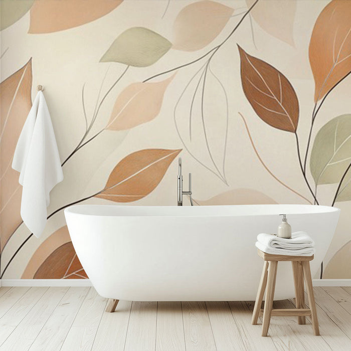 Tapete Badezimmer | Minimalistische Blätter in sanften Farbtönen auf hellem Hintergrund