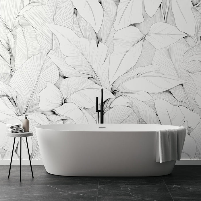 Tapet badrum | Svartvitt lövverk i blyertsteckningsstil