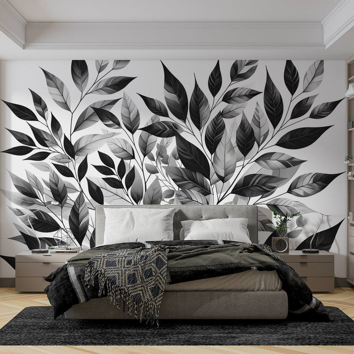 Black and White Foliage Mural Wallpaper | Shades of Grey Foliage Bush