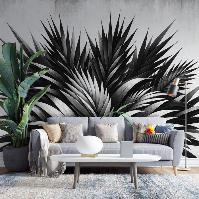 Black and White Foliage Mural Wallpaper | Aged Background with Palm Leaf Bush