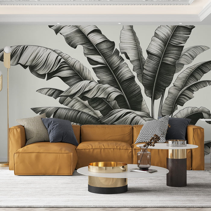 Black and White Foliage Mural Wallpaper | Vintage-Style Banana Leaf Bouquet