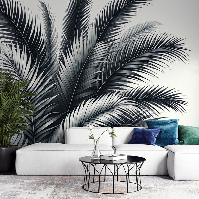 Black and White Foliage Mural Wallpaper | Palm Leaf Bouquet