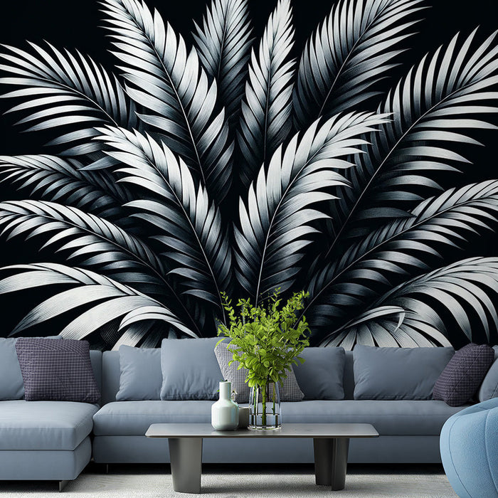 Black and White Foliage Mural Wallpaper | Palm Leaf Bouquet on Black Background