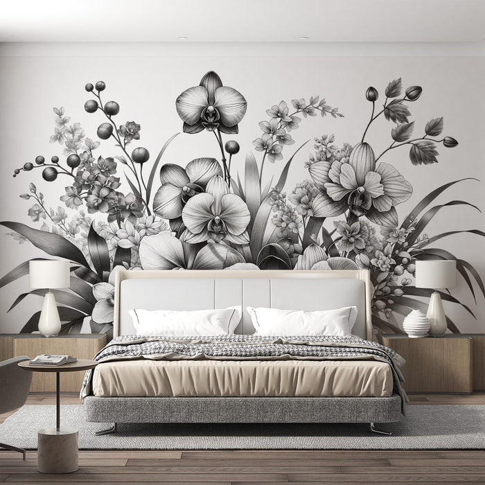 Black and White Foliage Mural Wallpaper | Composition of Foliage and Orchids