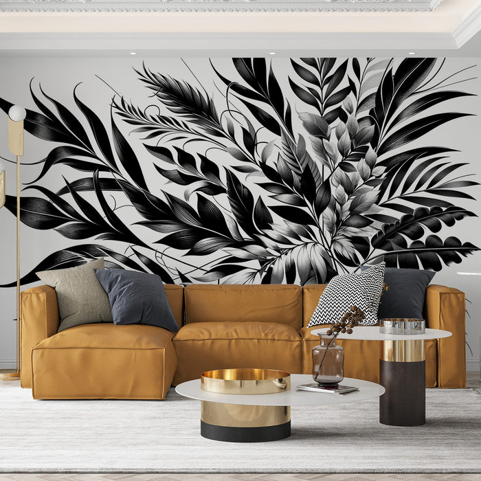 Black and White Foliage Mural Wallpaper | Line Art Leaf Composition