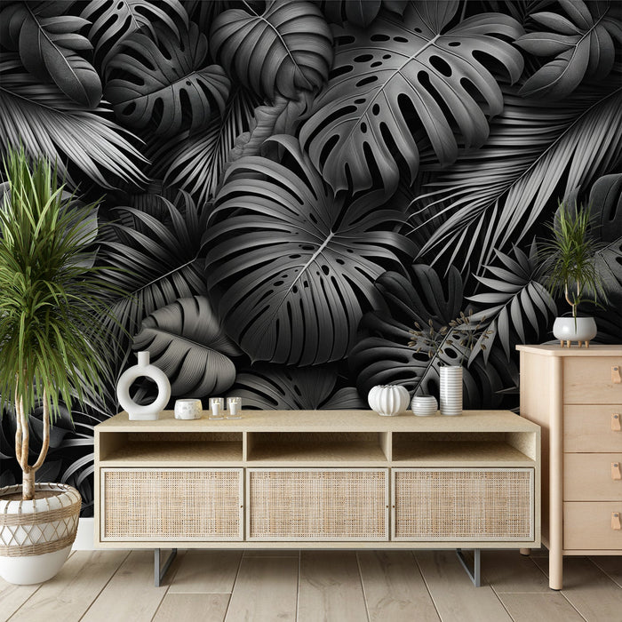 Papel pintado de follaje en blanco y negro | Composición de Monstera y palmera