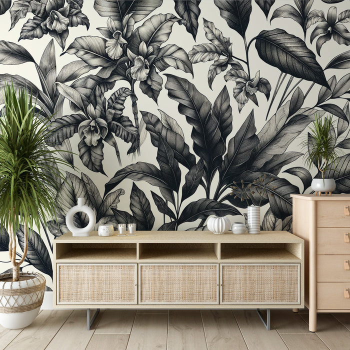 Black and White Foliage Mural Wallpaper | Vintage Composition on White Background