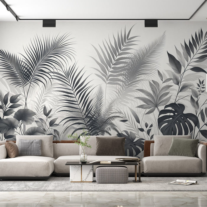 Papel de parede preto e branco com folhagem | Design vintage de várias folhagens