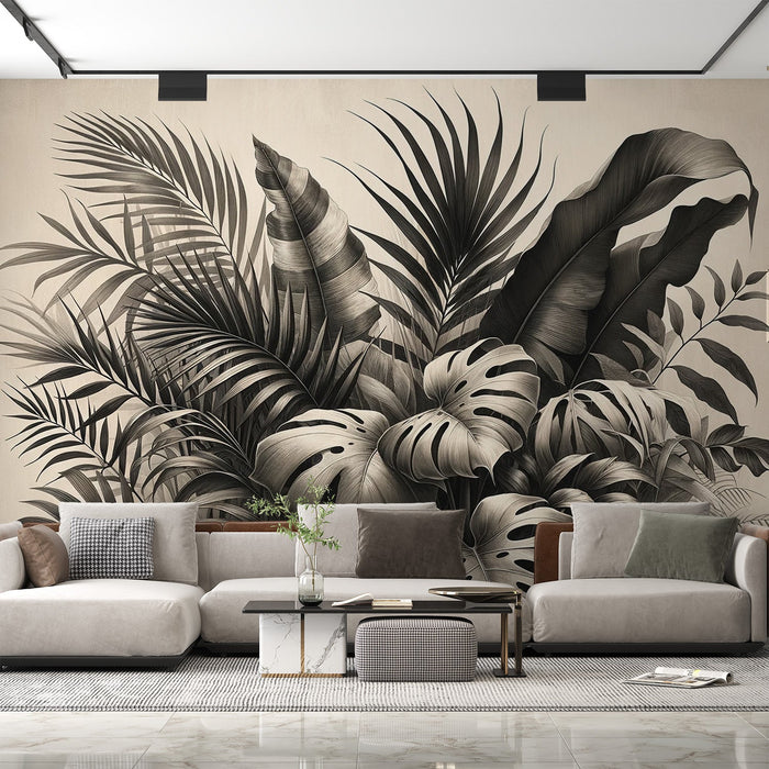 Black and White Foliage Mural Wallpaper | Various Vintage-Toned Foliages