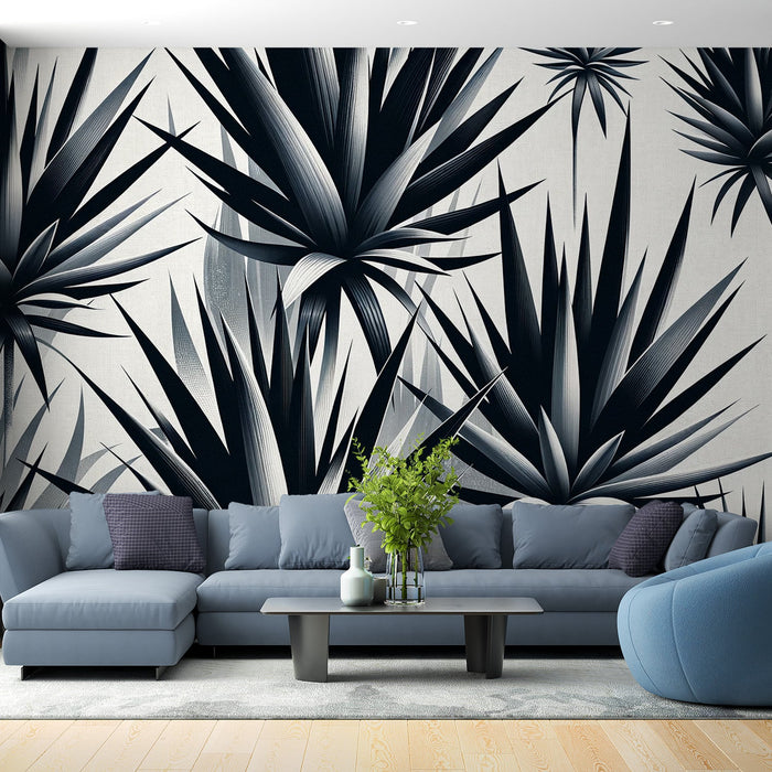 Papel pintado de follaje en blanco y negro | Estilo vintage de hoja de Yucca