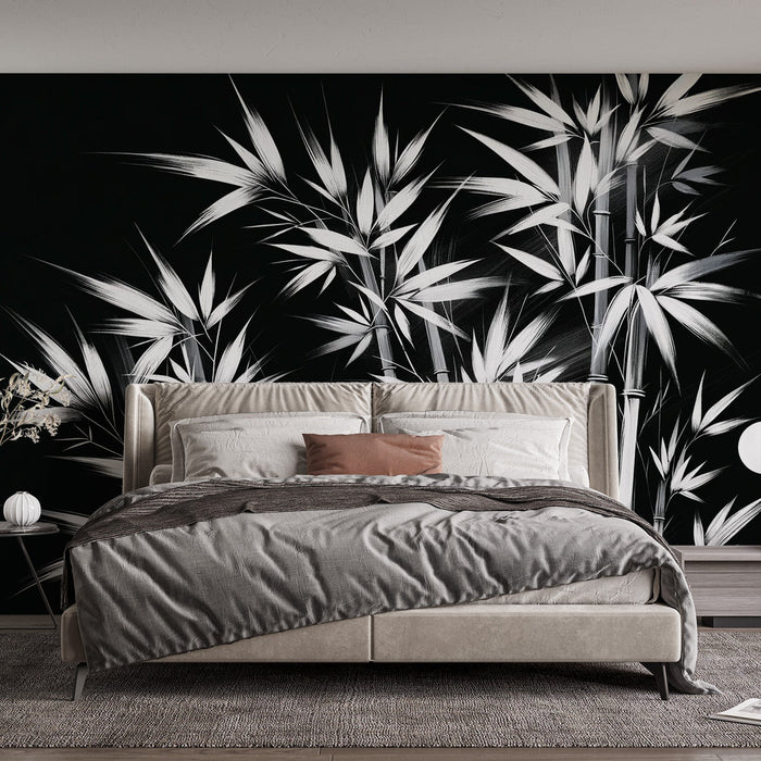 Black and White Foliage Mural Wallpaper | White Bamboo Leaves on Black Background