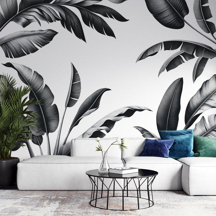 Papel de parede preto e branco com padrões aleatórios de folhas de bananeira