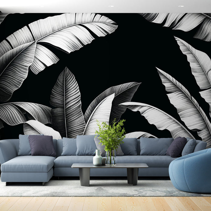 Black and White Foliage Mural Wallpaper | Random Banana Leaves on Black Background