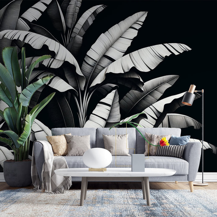 Zwart en Wit Bladeren Foto Behang | Witte Bananenbladeren op Zwarte Achtergrond