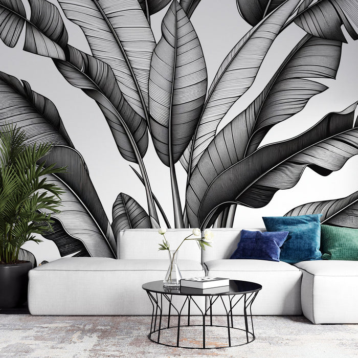 Black and White Foliage Mural Wallpaper | Banana Leaf Design on White Background