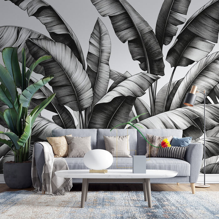 Black and White Foliage Mural Wallpaper | Vintage and Aged Banana Leaf Style