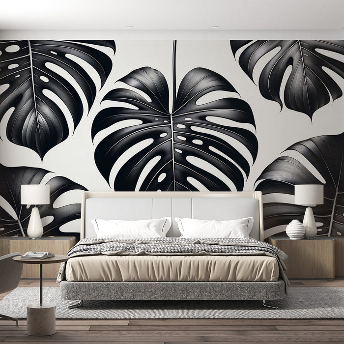 Zwart en Wit Bladeren Foto Behang | Realistische Zwarte Monstera Bladeren