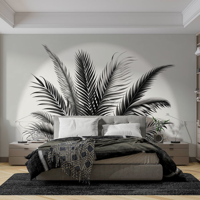 Black and White Foliage Mural Wallpaper | Palm Leaves and Clear Arch