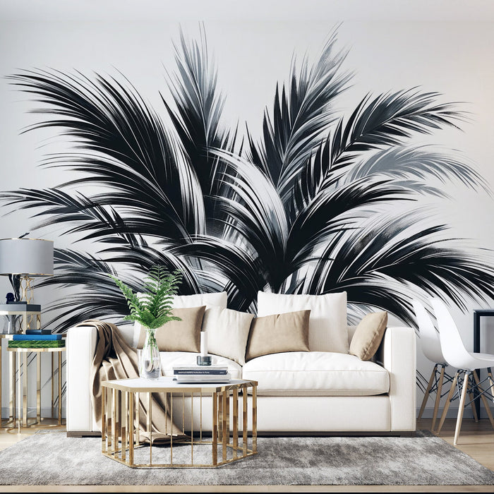 Black and White Foliage Mural Wallpaper | Japanese Calligraphy Style Palm Leaves