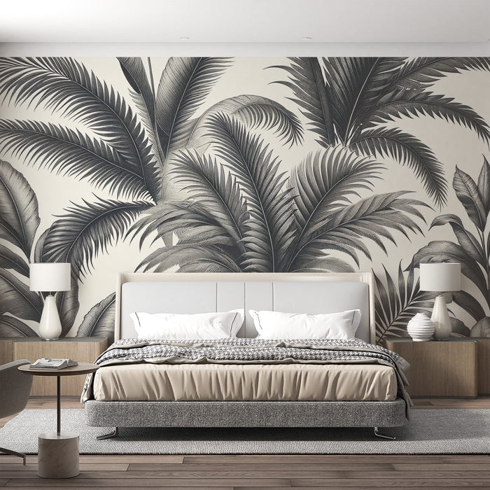 Schwarz-Weiß Laub Tapete | Vintage-Stil Palmblätter auf hellem Hintergrund