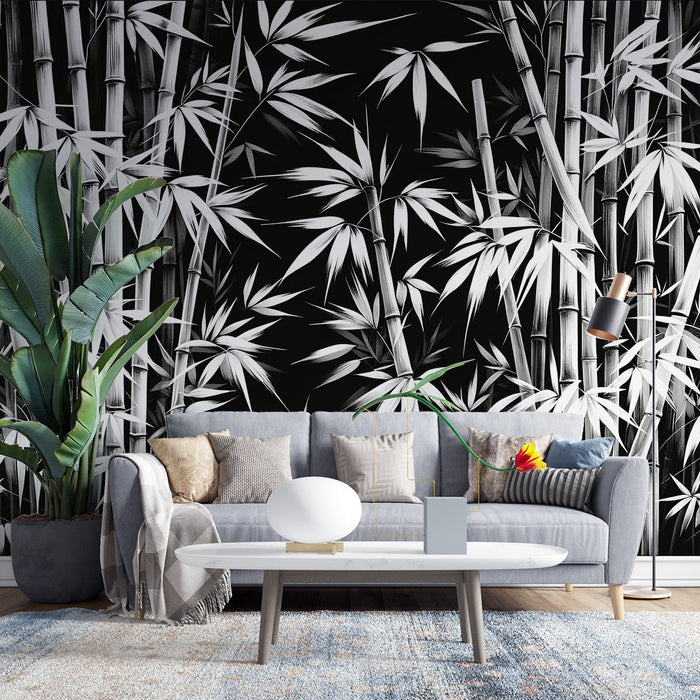 Black and White Foliage Mural Wallpaper | White Bamboo Forest on Black Background