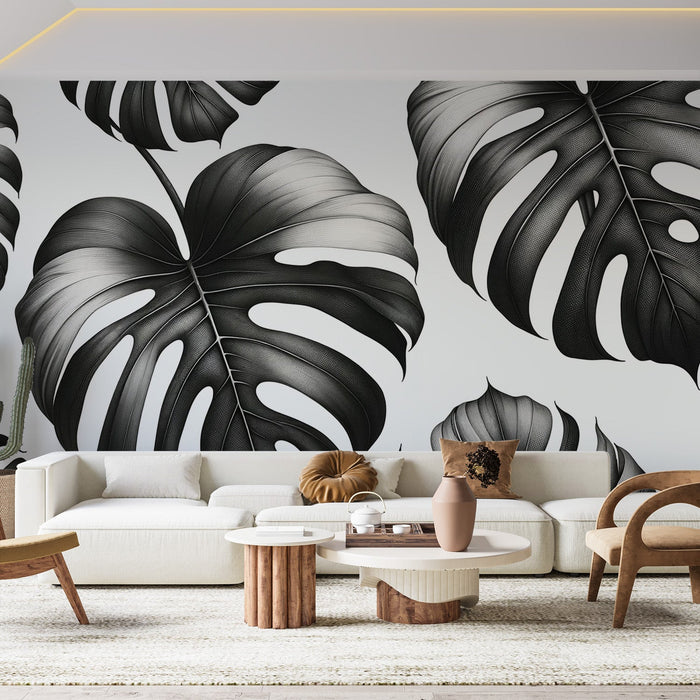 monstera deliciosa black leaf Black and White Foliage Mural Wallpaper