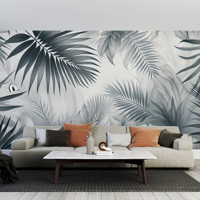 Black and White Foliage Mural Wallpaper | Soft-Colored Foliage Jungle