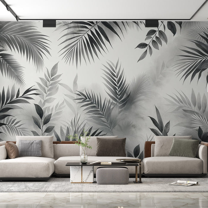 Black and white foliage Mural Wallpaper | Soft-shaped foliage jungle