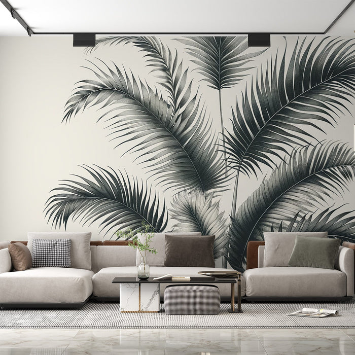 Black and White Foliage Mural Wallpaper | Palm Leaf Line
