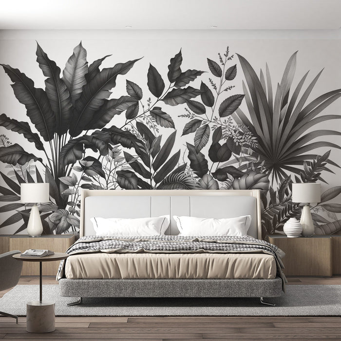 Black and White Foliage Mural Wallpaper | Tropical Foliage Lineage on a White Background