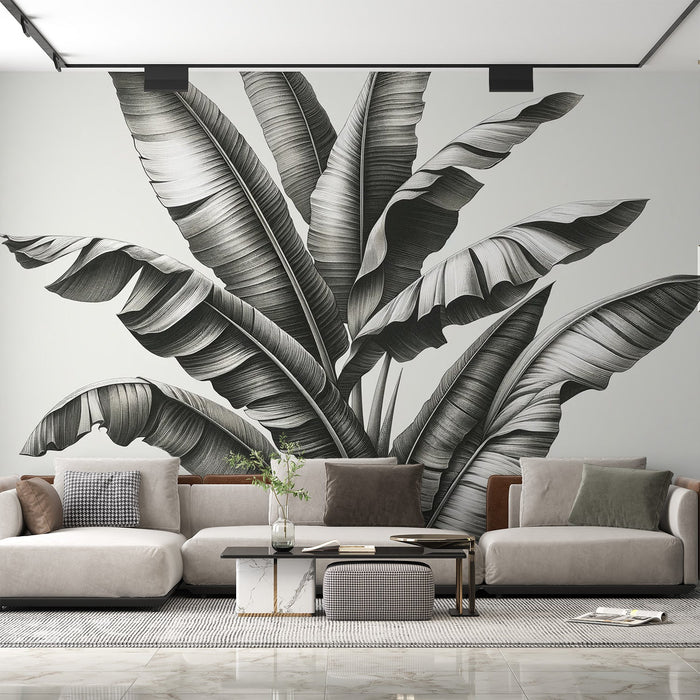 Black and White Foliage Mural Wallpaper | Light Background Banana Leaf Pattern