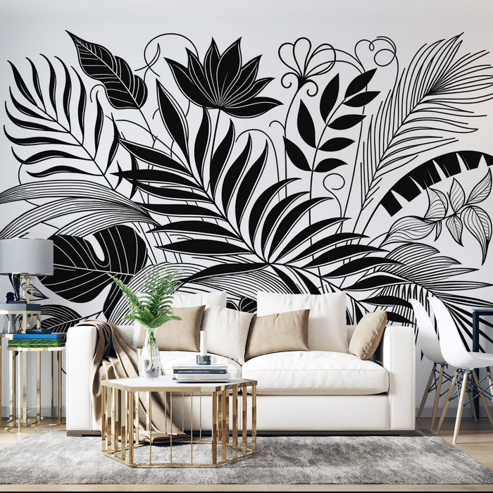 Black and white foliage Mural Wallpaper | Various foliage line art